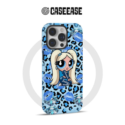 Blue leopard CASEEASE phone case with cartoon blonde, diamonds, rear product view
