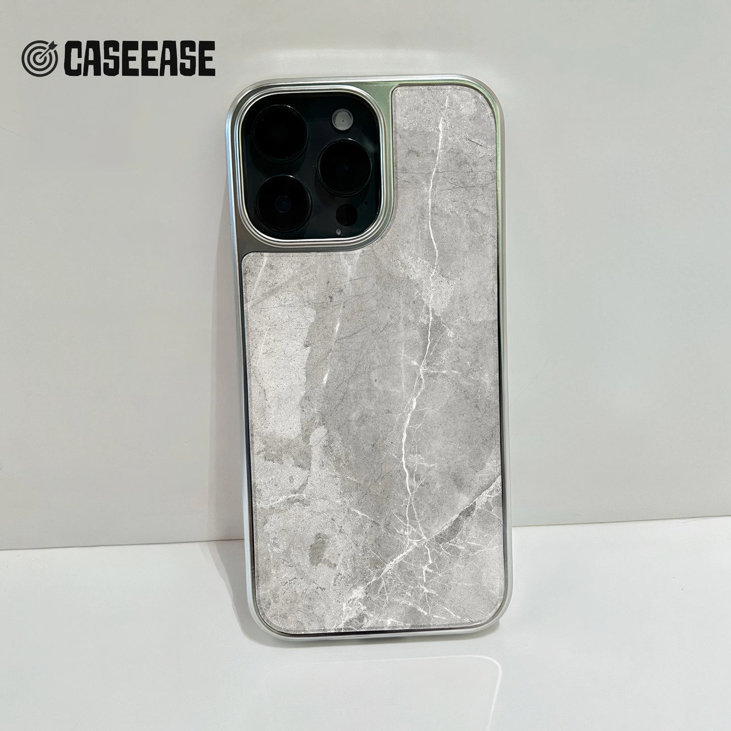 Holographic Chrome iPhone 15 Pro Case - Elegant Grey Marble Design