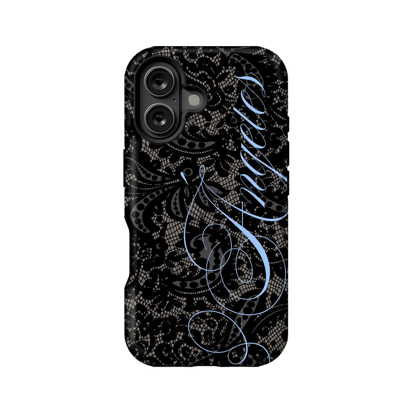 Black lace-pattern phone case with blue script, rear product view for Shopify