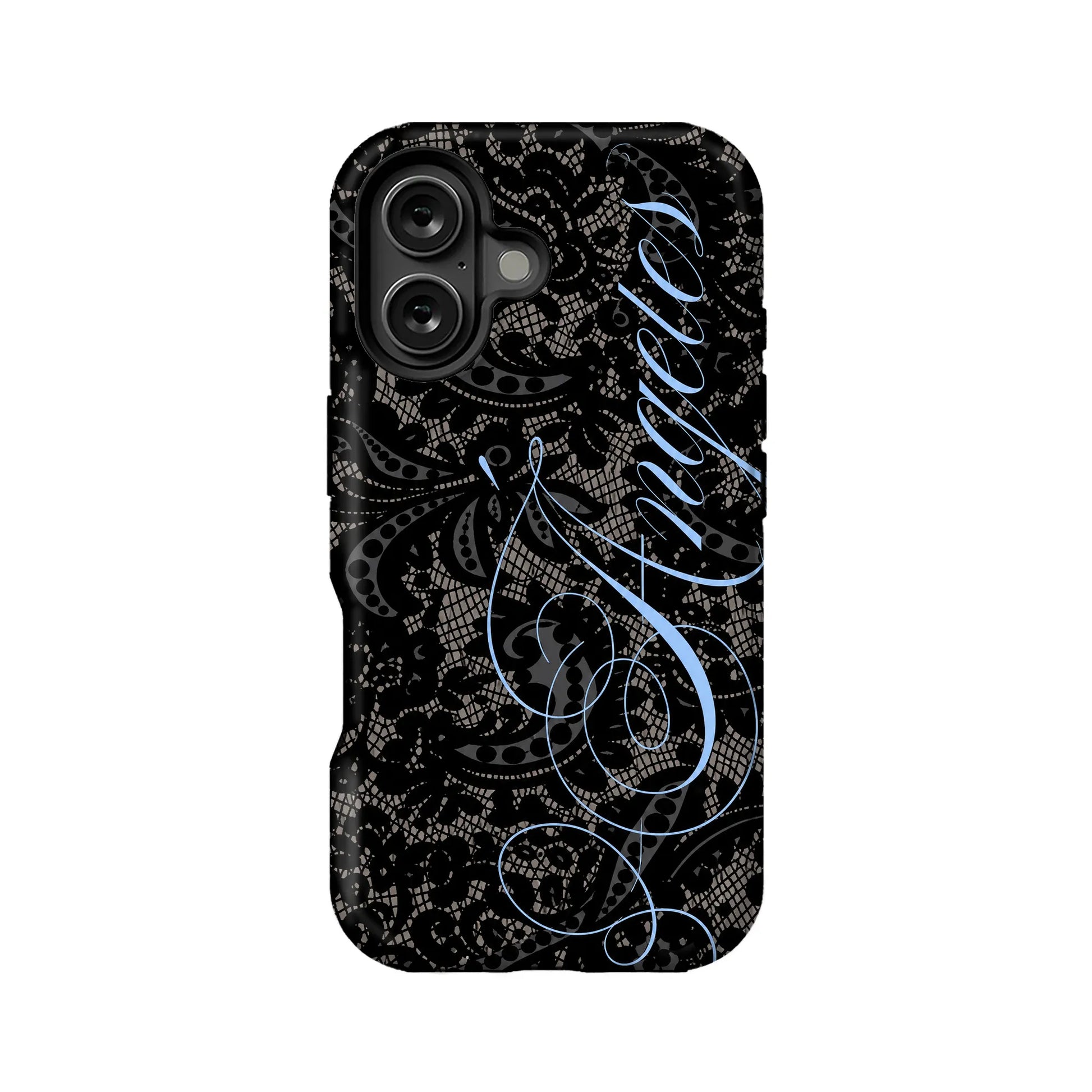 Black lace-pattern phone case with blue script, rear product view for Shopify