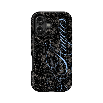 Black lace-pattern phone case with blue script, rear product view for Shopify