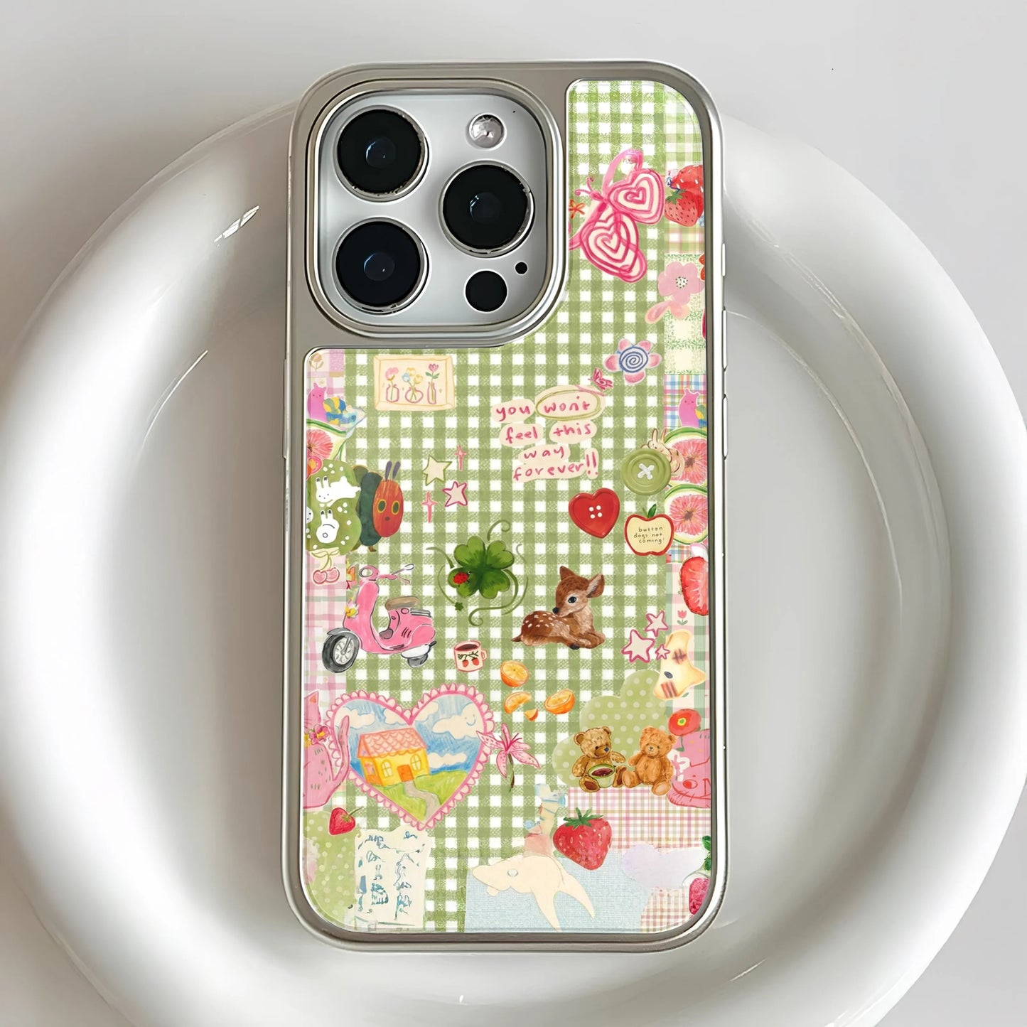 Holographic Chrome Phone Case - Green Gingham Collage Design