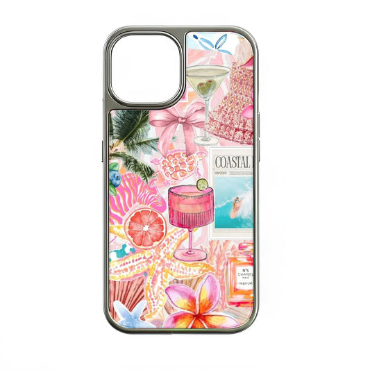 Holographic Chrome Coastal Vibes Phone Case - Tropical Floral Design