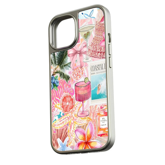 Holographic Chrome Coastal Vibes Phone Case - Tropical Floral Design