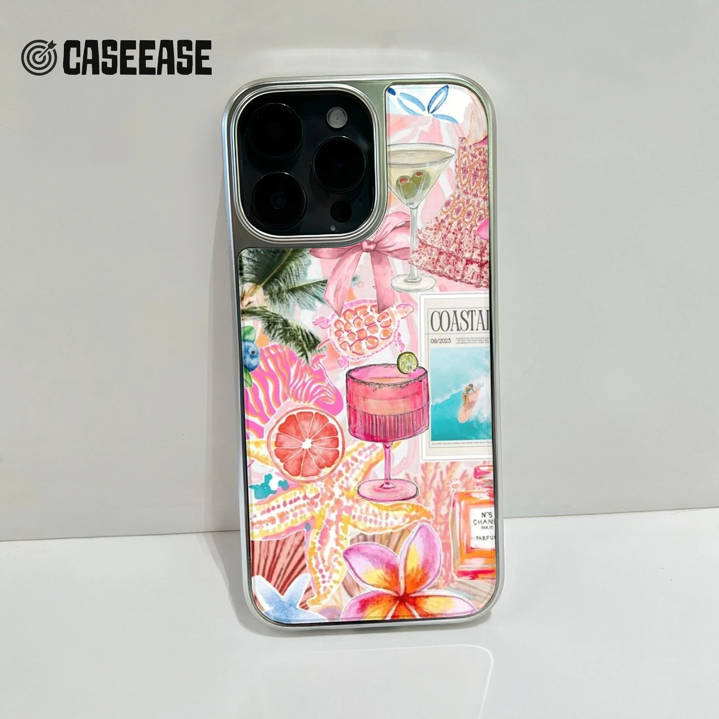 Funda para teléfono holográfica cromada Coastal Vibes - Diseño floral tropical
