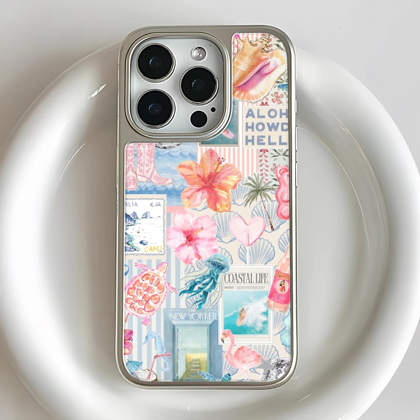 Funda holográfica cromada para teléfono con diseño costero: ambiente playero y colorido