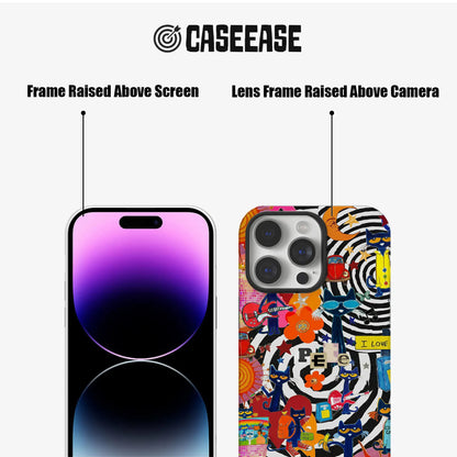 Colorful CASEEASE cat collage phone case front and back showing raised screen and camera frames