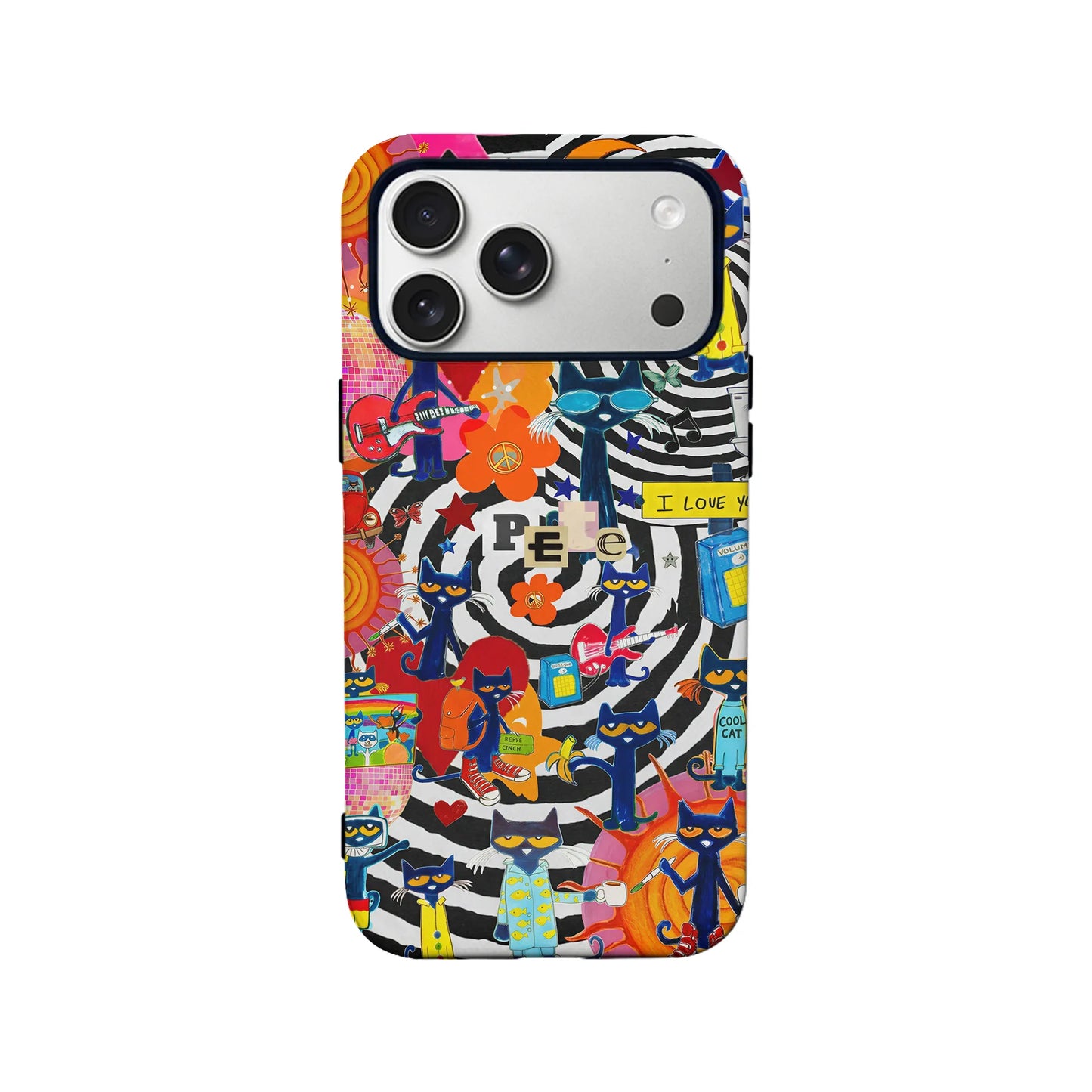 Colorful illustrated cat phone case, back view with camera cutout and bold patterns