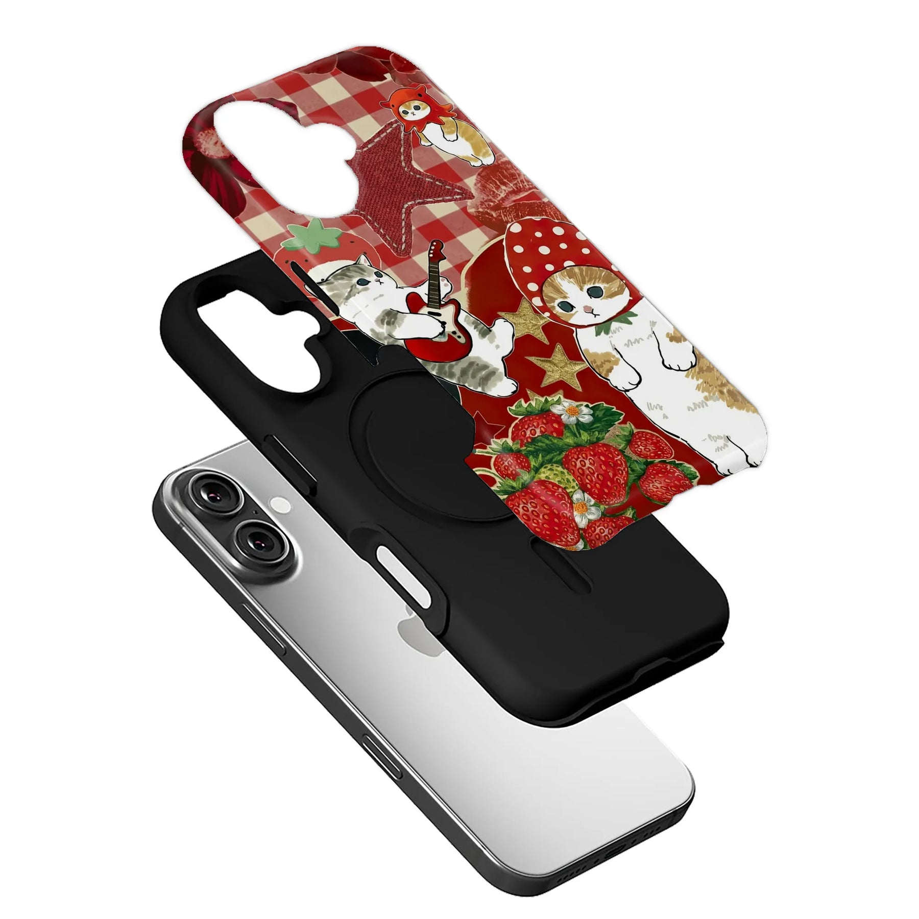 Bonita funda para teléfono con diseño de gato y fresa