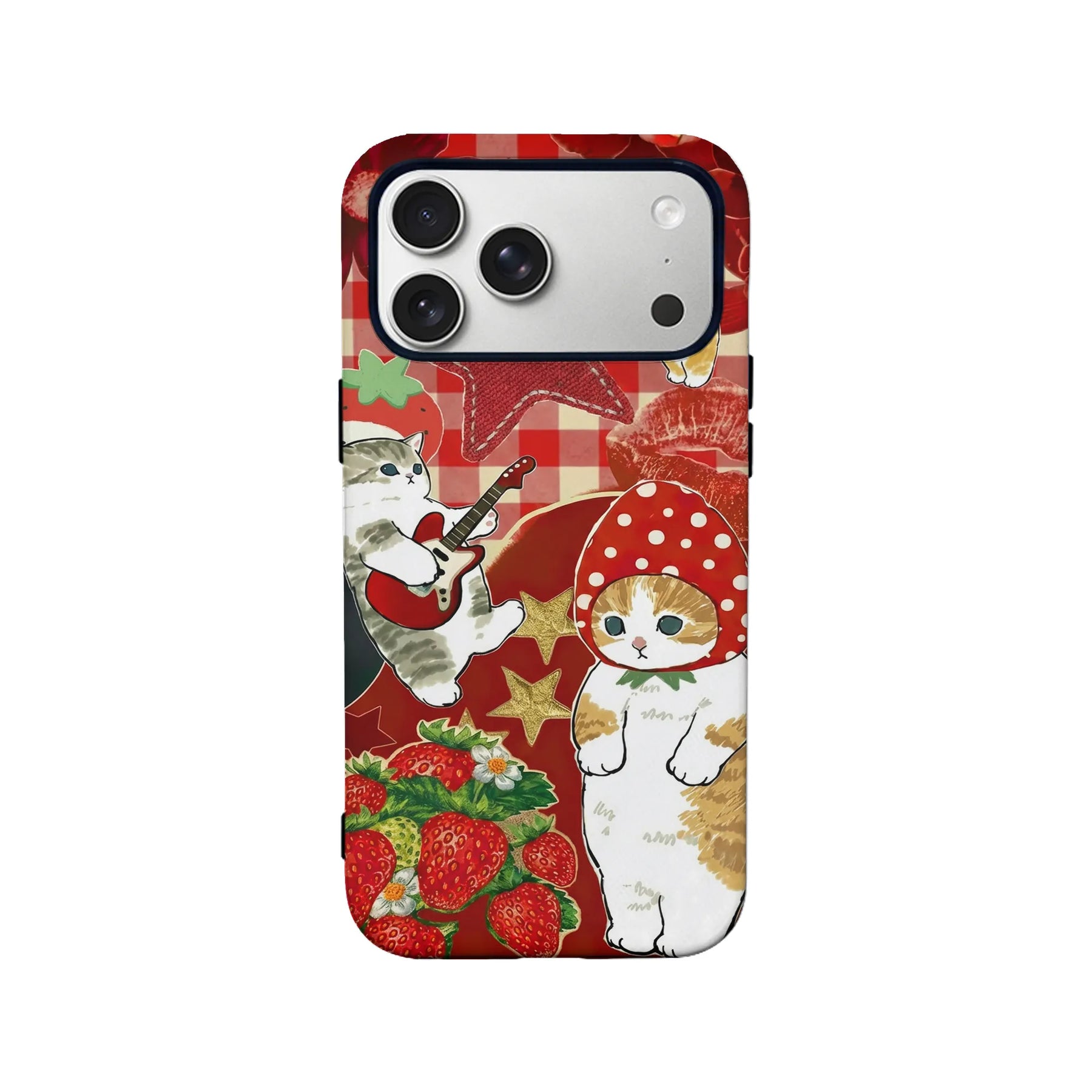 Bonita funda para teléfono con diseño de gato y fresa