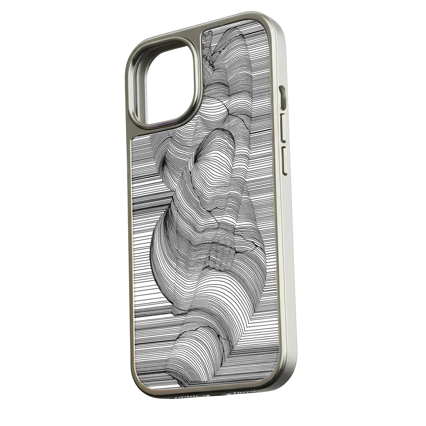 Funda holográfica cromada para iPhone 15 Pro - Diseño artístico de líneas negras