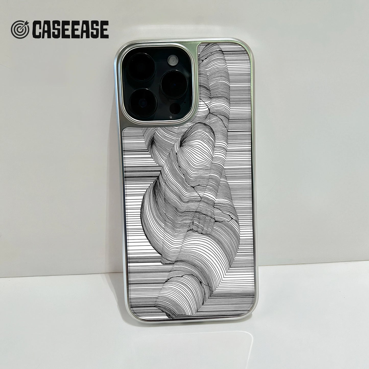 Funda holográfica cromada para iPhone 15 Pro - Diseño artístico de líneas negras