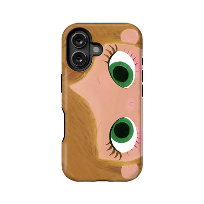 Pink and tan illustrated face phone case, rear product angle with camera cutout