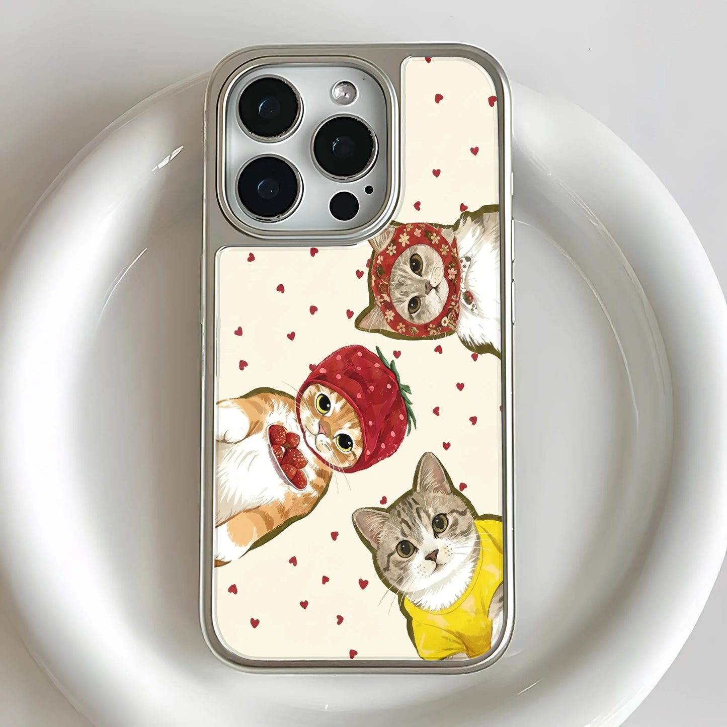 Holographic Chrome Cat Phone Case - Cute Kitties with Hearts