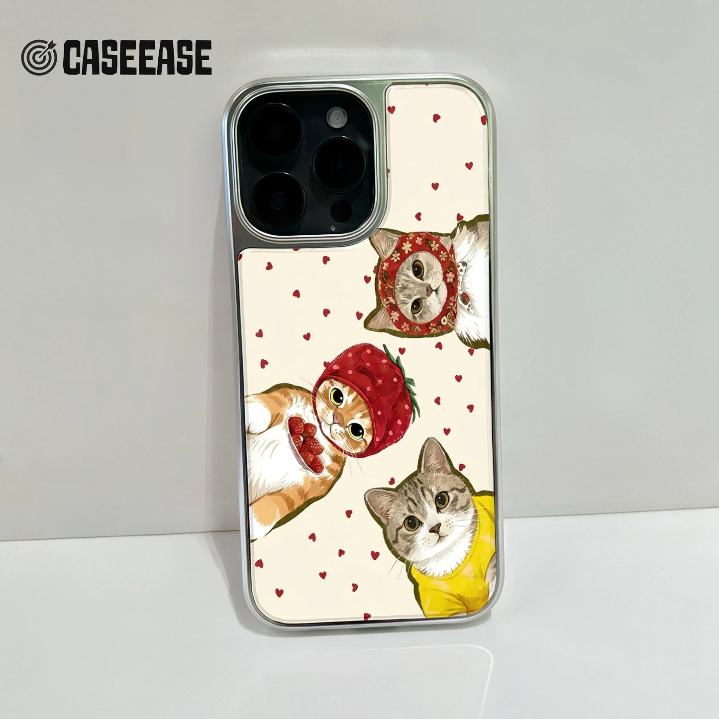 Holographic Chrome Cat Phone Case - Cute Kitties with Hearts