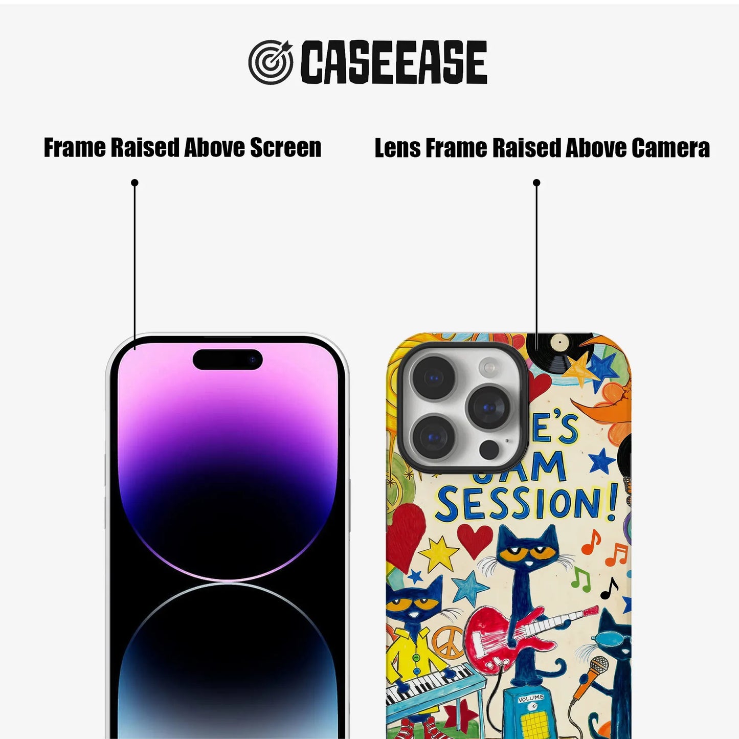 Colorful illustrated CASEEASE phone case, front and rear angle showing raised black frames