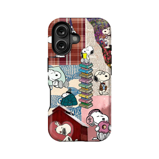 Snoopy collage phone case with vintage patchwork design, books, flowers, and cute Snoopy illustrations.
