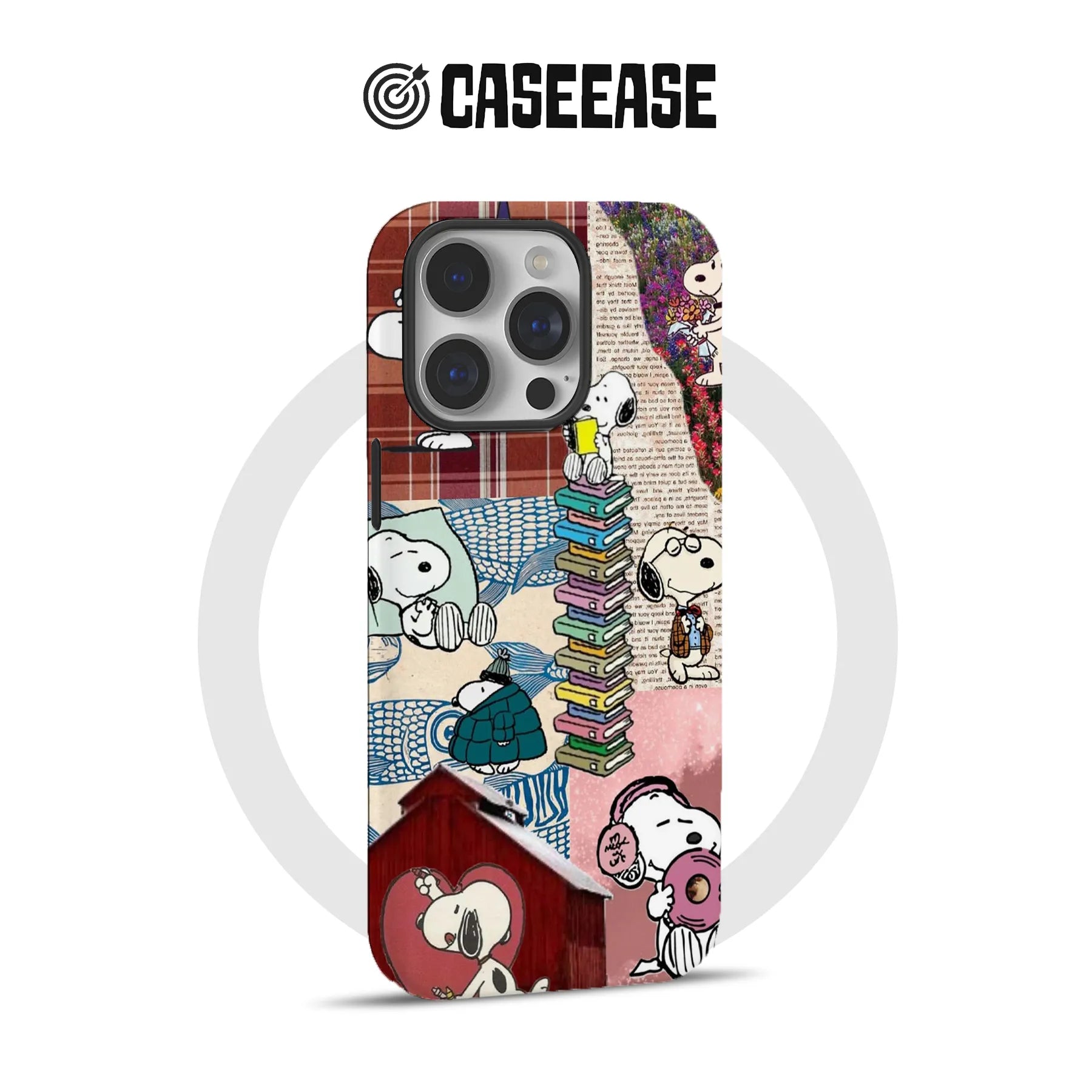 Snoopy collage phone case with vintage patchwork design, books, flowers, and cute Snoopy illustrations.