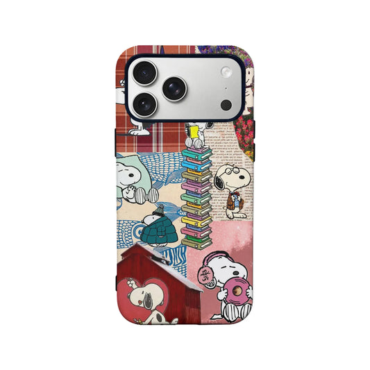 Snoopy collage phone case with vintage patchwork design, books, flowers, and cute Snoopy illustrations.