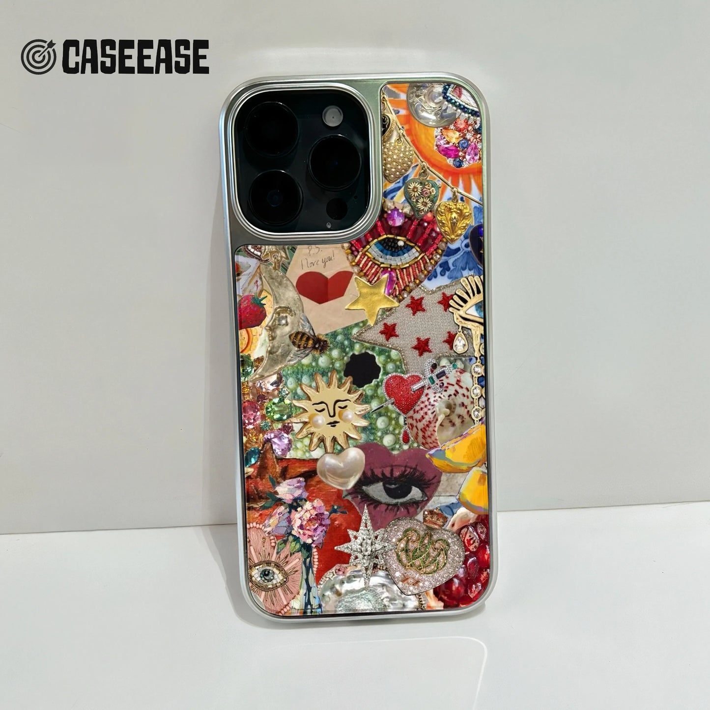 Holographic Chrome Phone Case - Artistic Collage Design