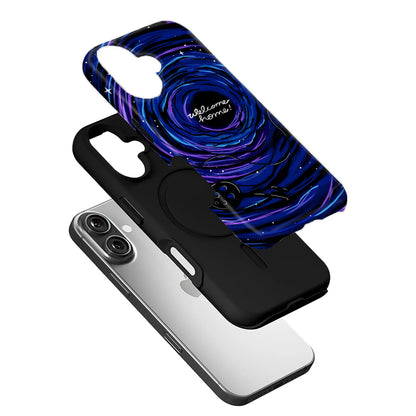 Blue galaxy welcome home phone case shown angled above black inner shell