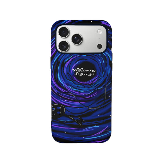 Blue and purple illustrated vortex phone case, rear view with welcome home text
