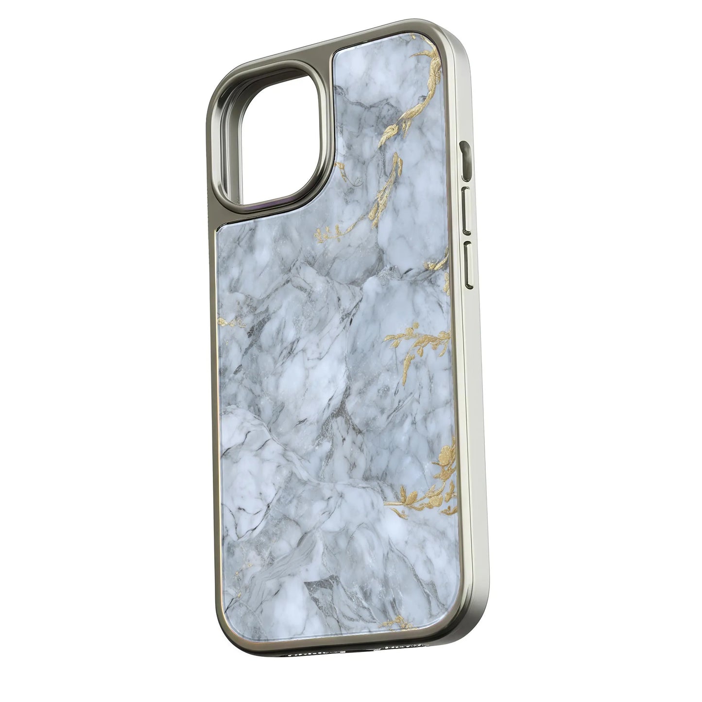 Holographic Chrome iPhone 14 Pro Phone Case - Elegant Marble Design with Gold Accents