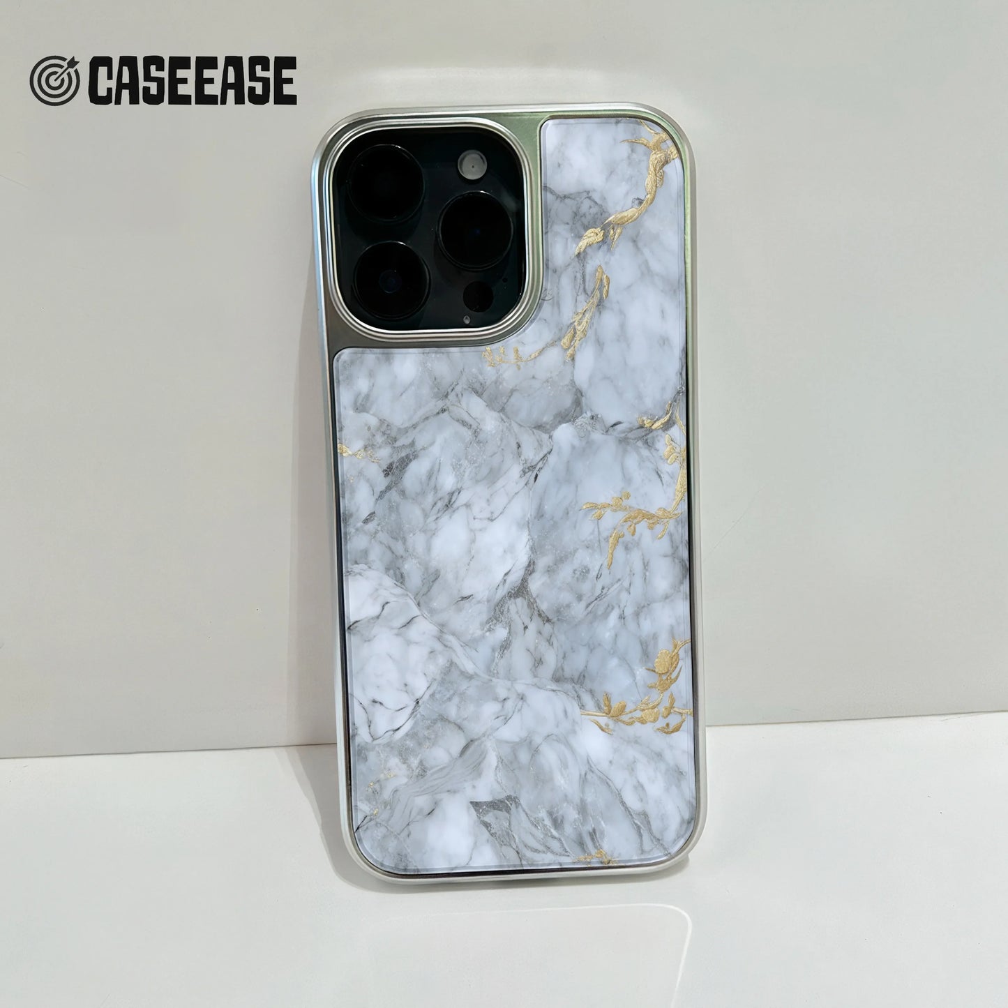 Holographic Chrome iPhone 14 Pro Phone Case - Elegant Marble Design with Gold Accents