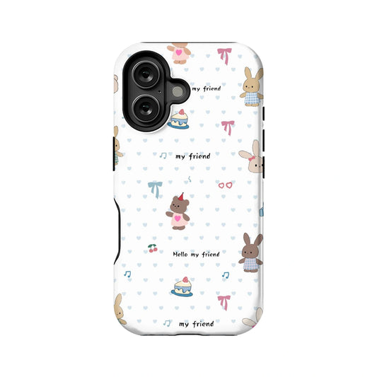 Cute Bunny and Bear Phone Case – “Hello My Friend” Cartoon Design