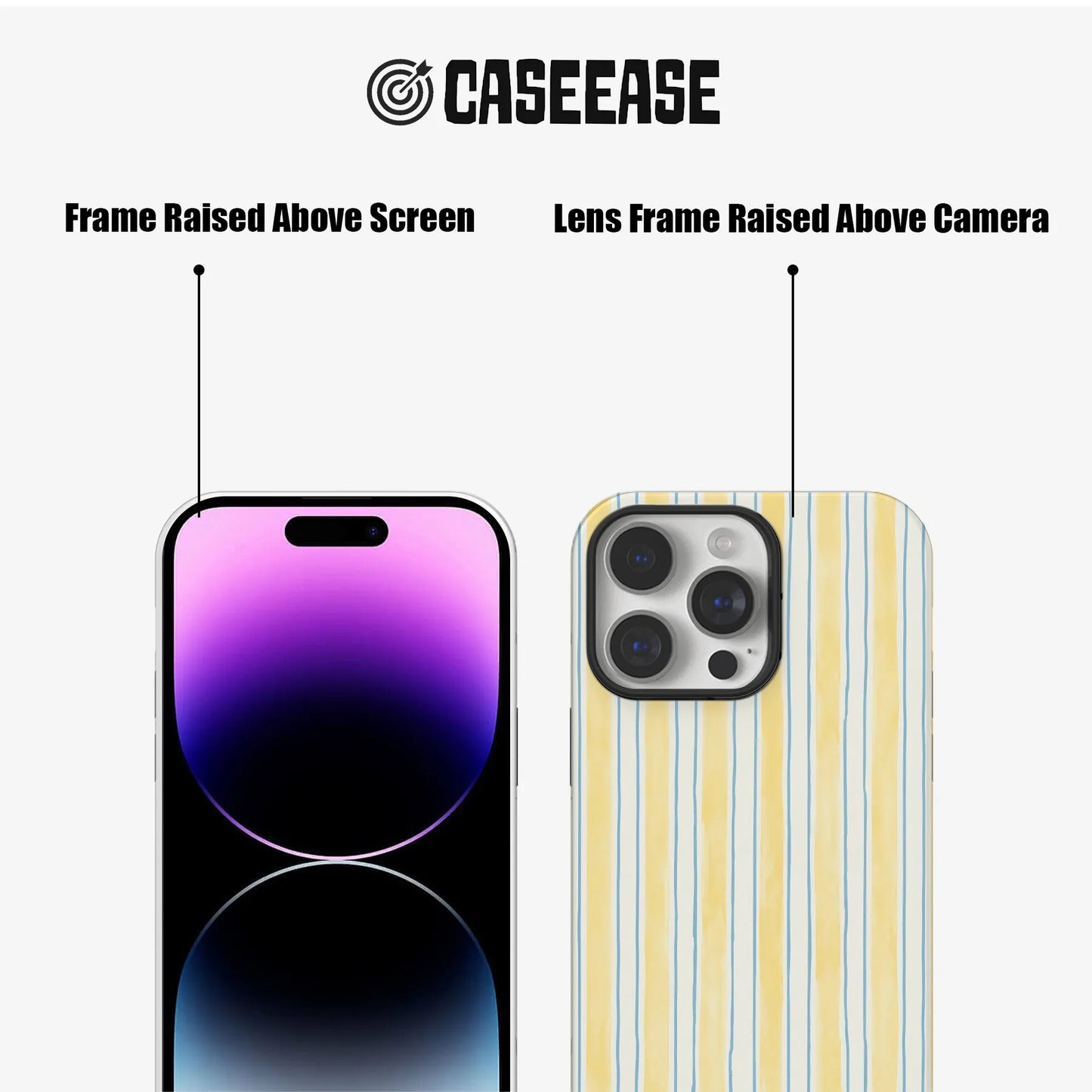 CASEEASE yellow striped phone case front and back showing raised screen and camera frames