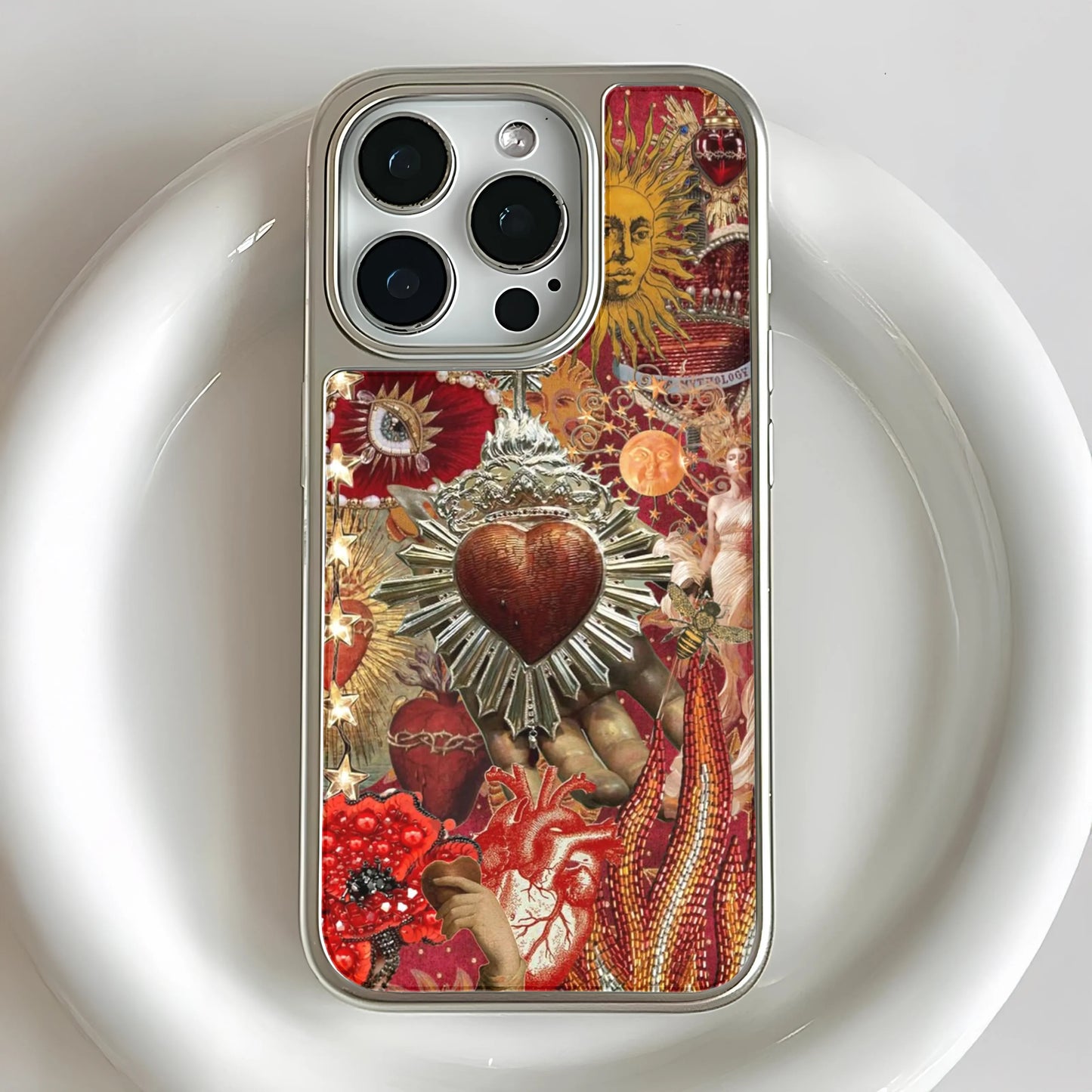 Holographic Chrome Artistic Phone Case - Vibrant Heart and Sun Motif
