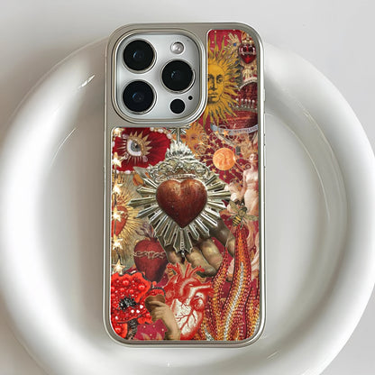 Holographic Chrome Artistic Phone Case - Vibrant Heart and Sun Motif