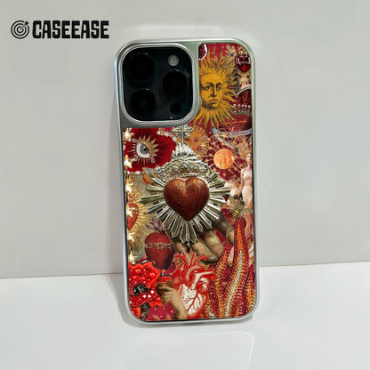 Holographic Chrome Artistic Phone Case - Vibrant Heart and Sun Motif