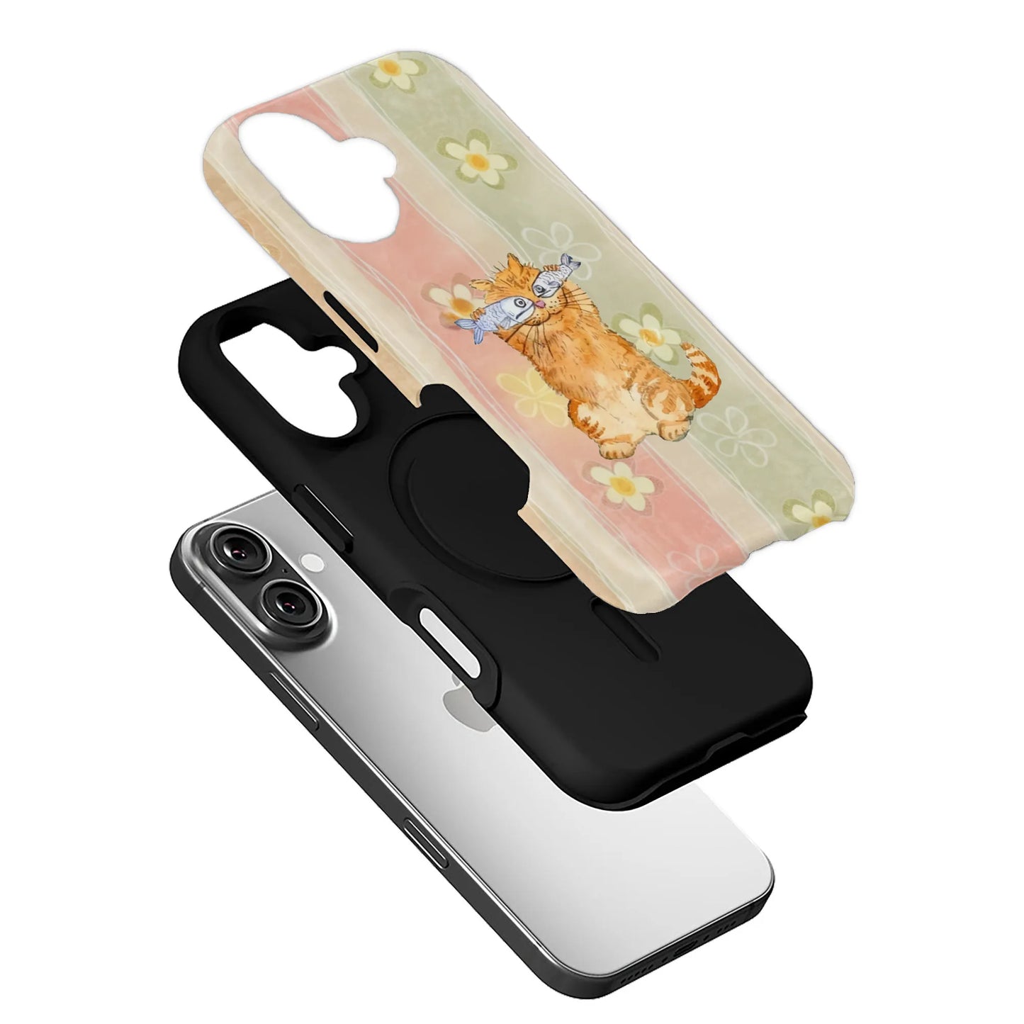 Bonita funda para teléfono con diseño de gato y pez