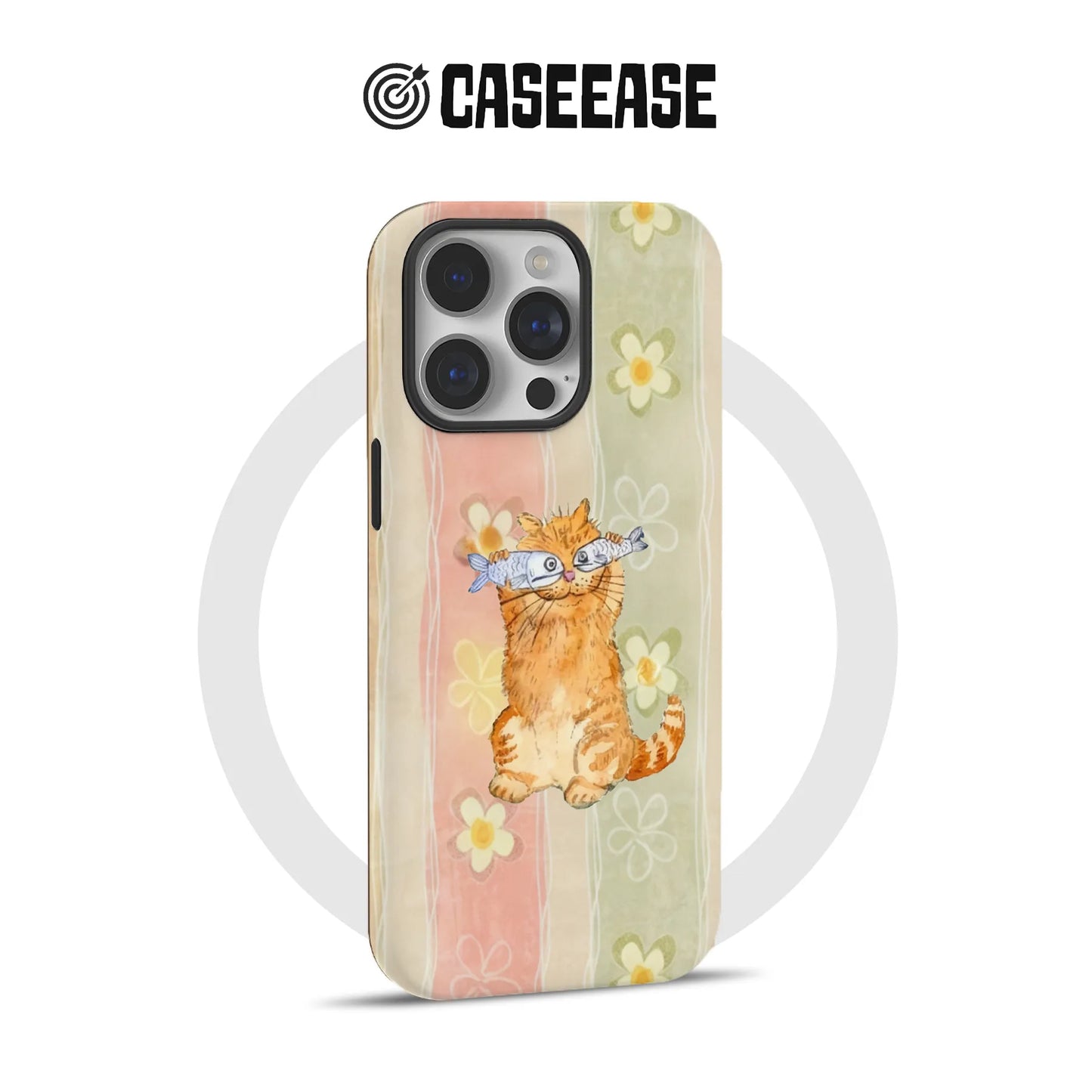 Bonita funda para teléfono con diseño de gato y pez