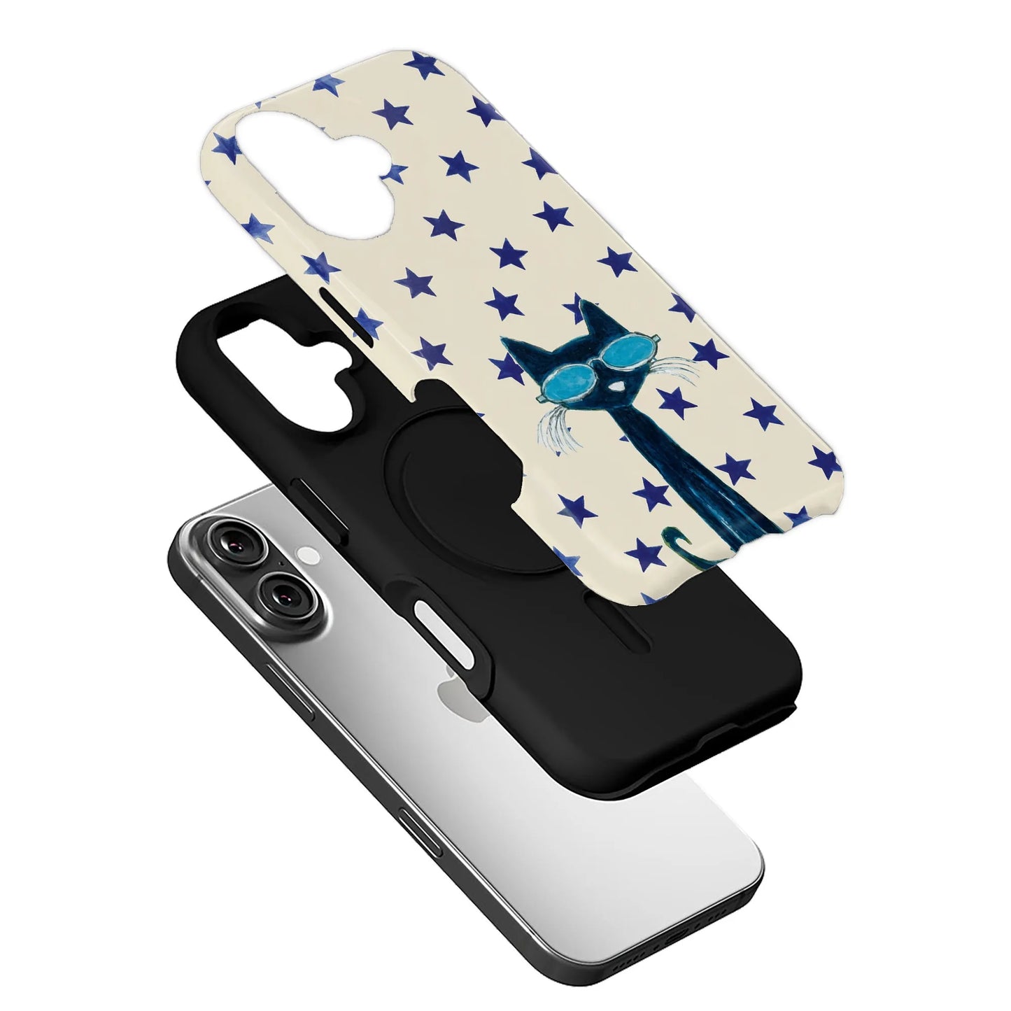 Cream and black phone case with blue stars and cat wearing sunglasses, angled exploded display