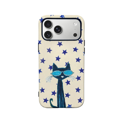 Cream phone case with blue stars and sunglass cat design, rear product view