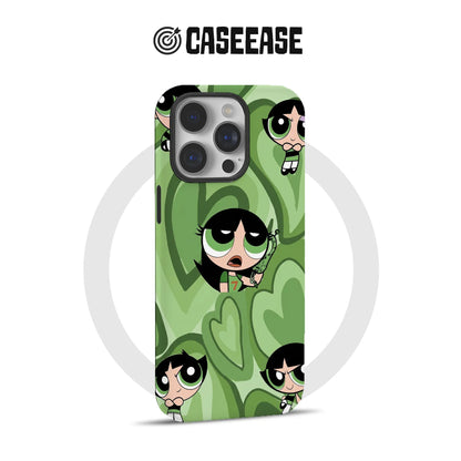 Green cartoon character patterned phone case shown from rear angle for CASEEASE store