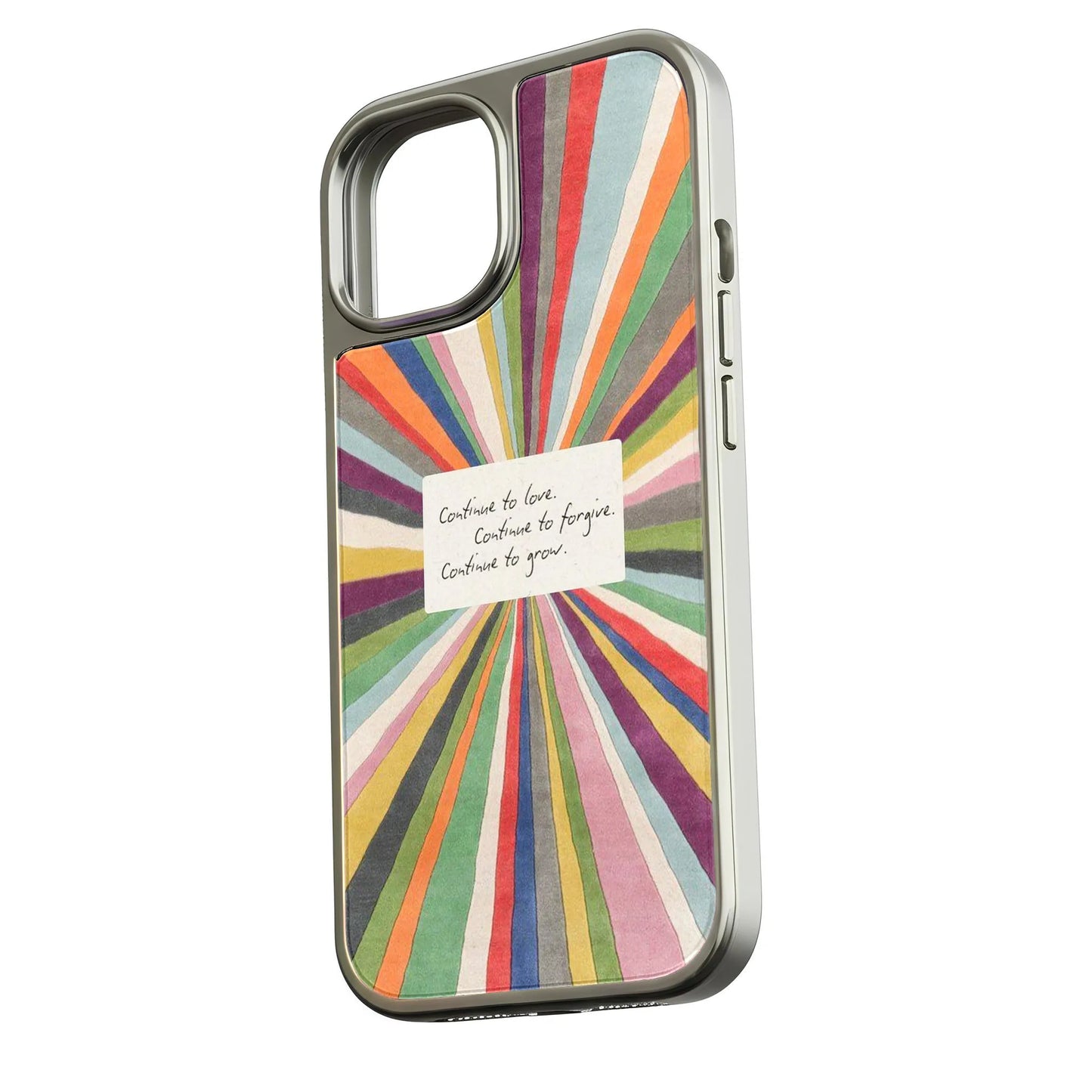 Colorful sunburst illustration with an inspirational handwritten note in the center reading: "Continue to love. Continue to forgive. Continue to grow."