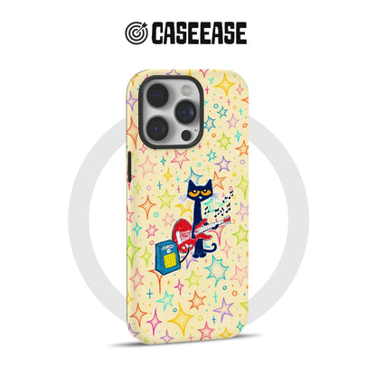 Cream phone case with colorful stars and guitar-playing cat, rear product angle