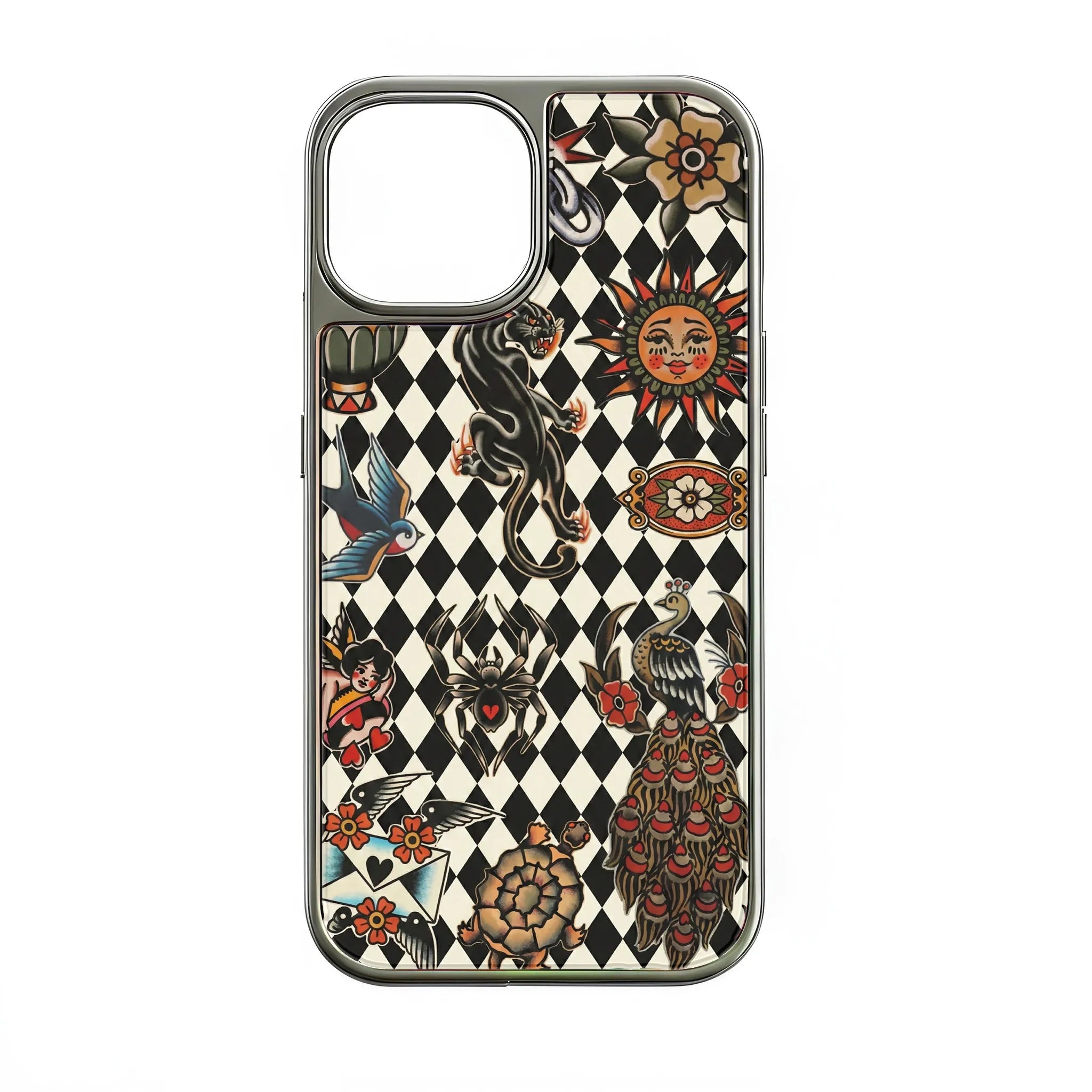 Holographic Chrome Tattoo Phone Case - Vintage Design & Unique Art
