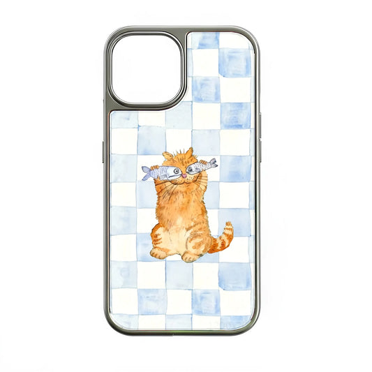 Holographic Chrome Cat Phone Case - Playful Design with Fish