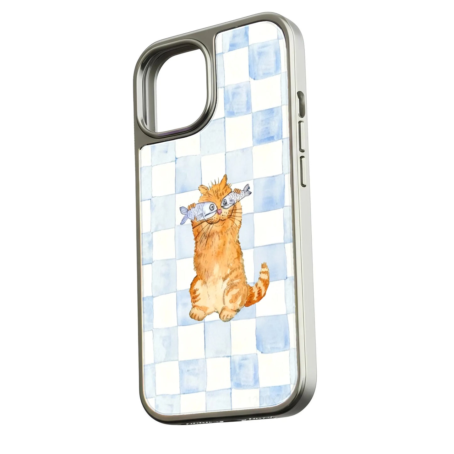 Funda holográfica cromada con diseño de gato: diseño divertido con peces