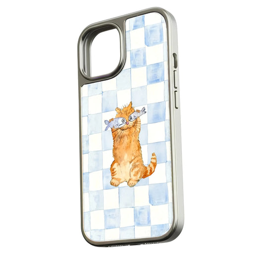 Holographic Chrome Cat Phone Case - Playful Design with Fish