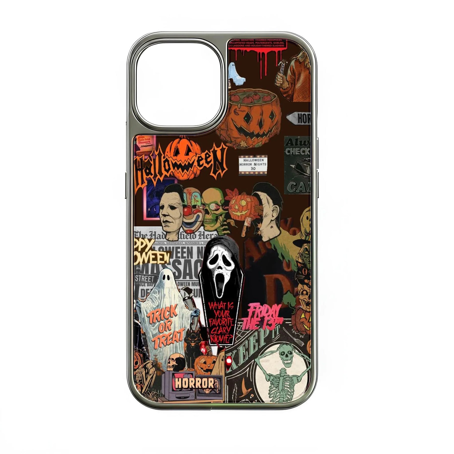 Silver phone case shown from back with dark Halloween horror collage design