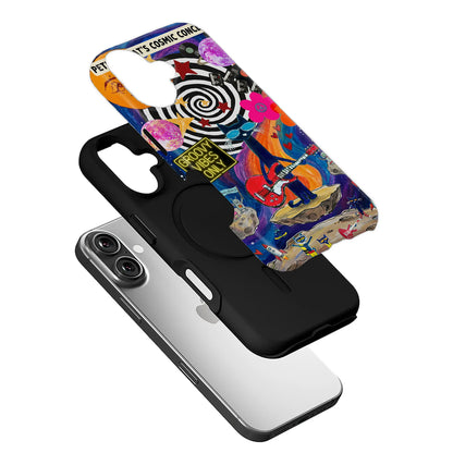Colorful cosmic cat phone case over black base, angled exploded product display