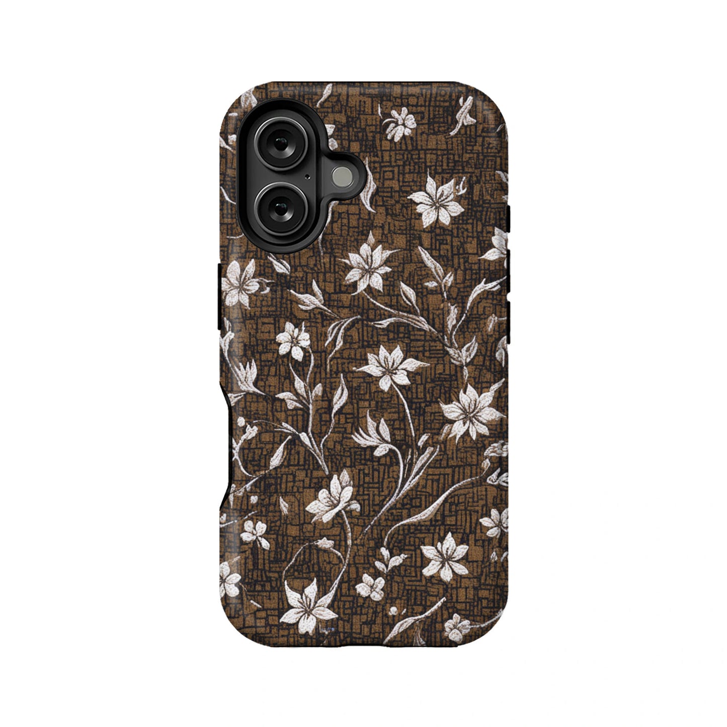 Vintage Brown Floral Phone Case – Elegant White Blossom Design