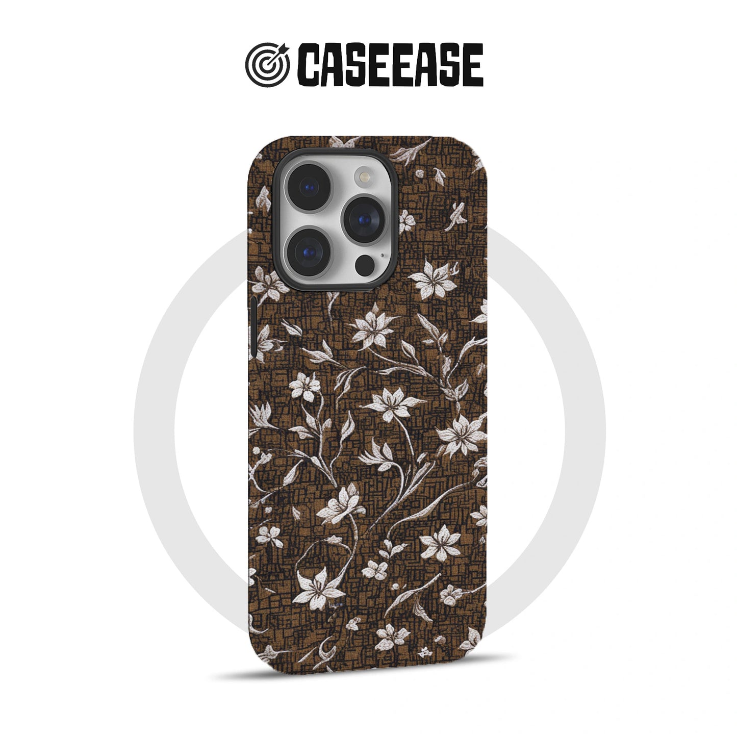Vintage Brown Floral Phone Case – Elegant White Blossom Design