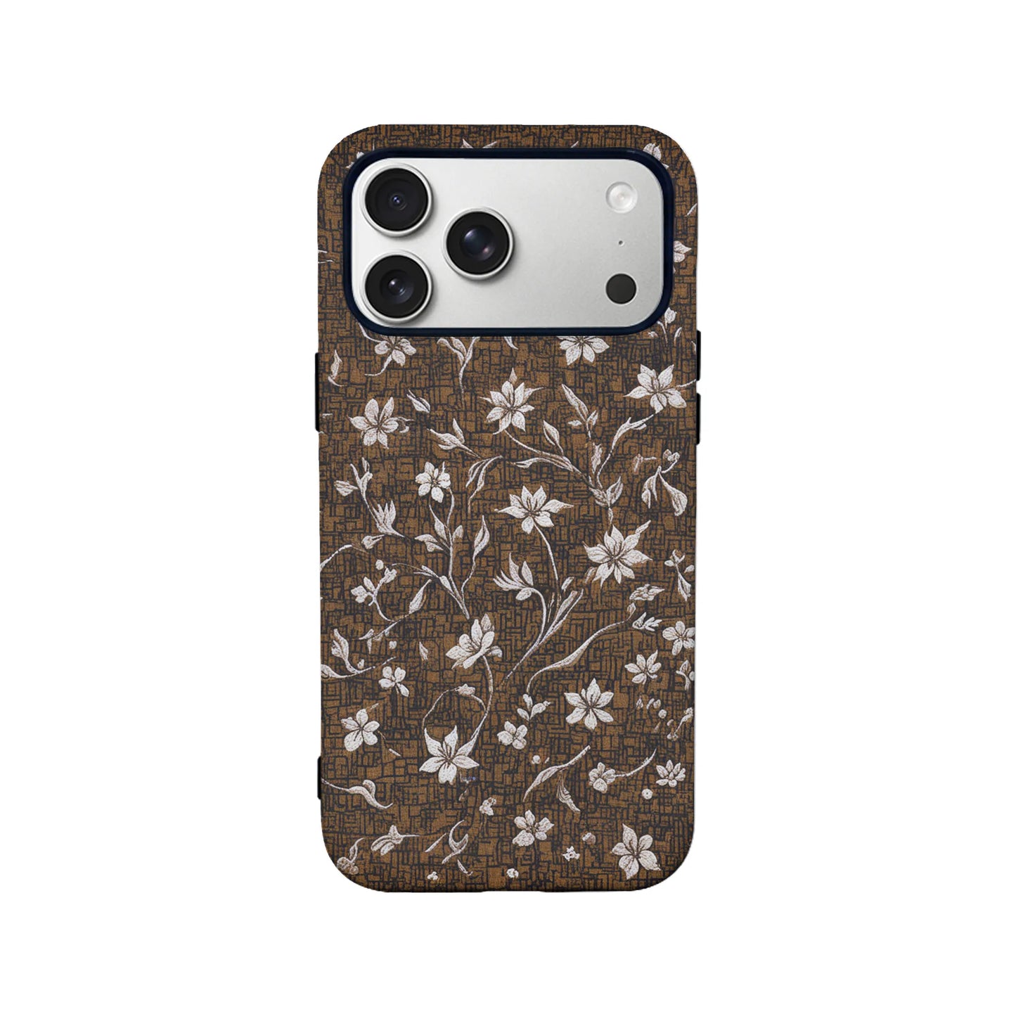 Vintage Brown Floral Phone Case – Elegant White Blossom Design