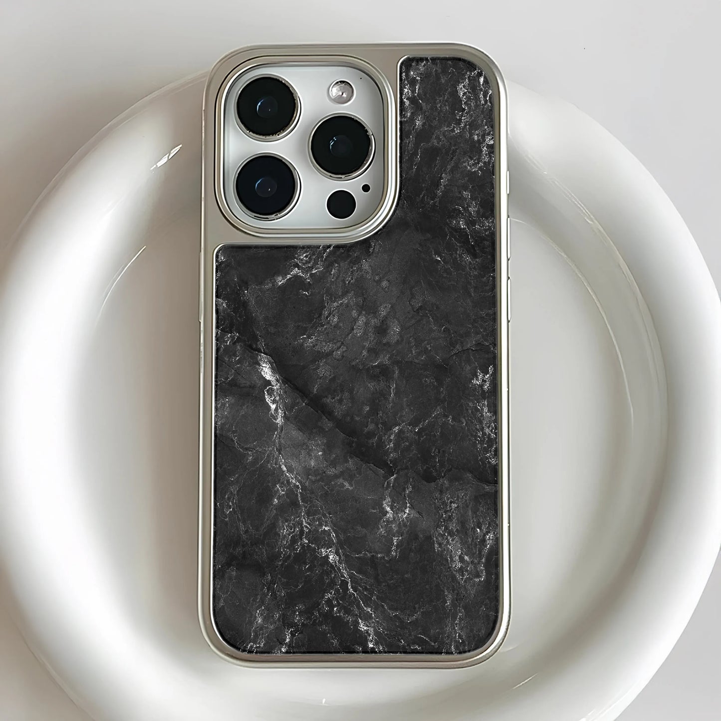 Holographic Chrome iPhone 15 Pro Case - Elegant Black Marble Design